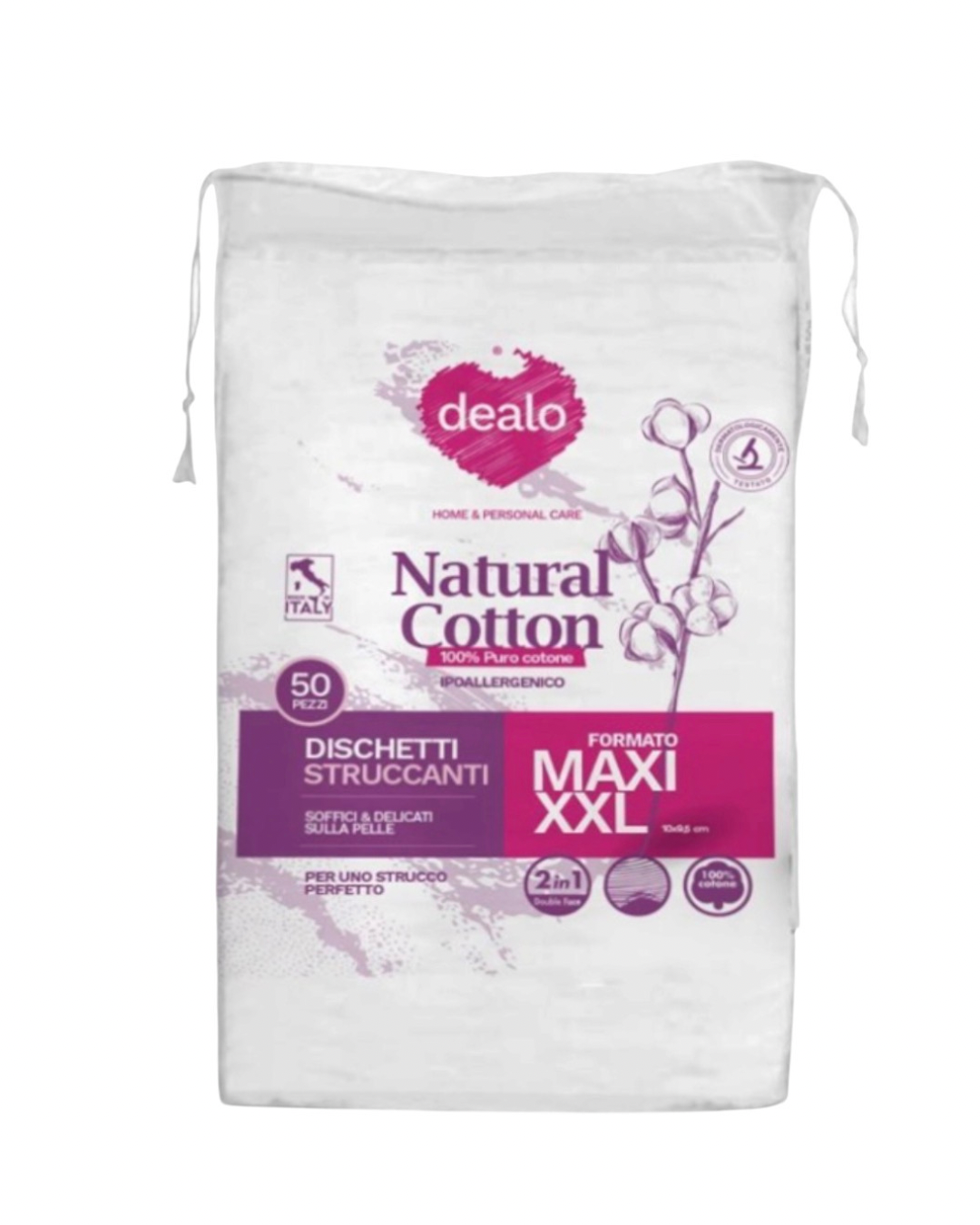 Dealo Dischetti struccanti Natural Cotton Ipoallergenico Formato Maxi XXL 50 Pz