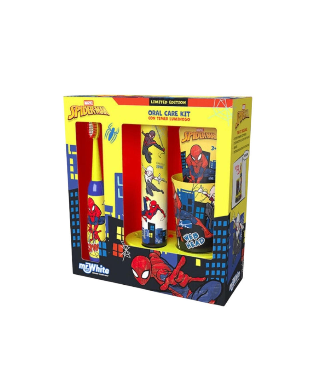 Mr White Spiderman, Set Per Bambini, Spazzolino + Dentifricio + Tazza + Base Led