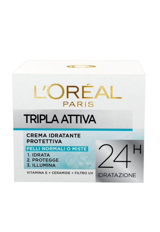 L’ORÉAL TRIPLA ATTIVA,IDRATA,PROTEGGE E ILLUMINA,PER PELLI NORMALI E MISTE